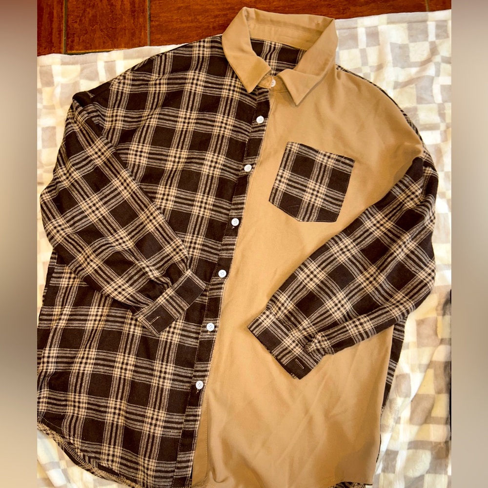 Tan and brown plaid button down